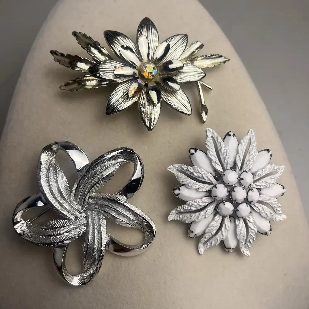 Vintage Floral Brooch Pin Lot Silver Tone Milk Glass AB Aurora Borealis Jewelry